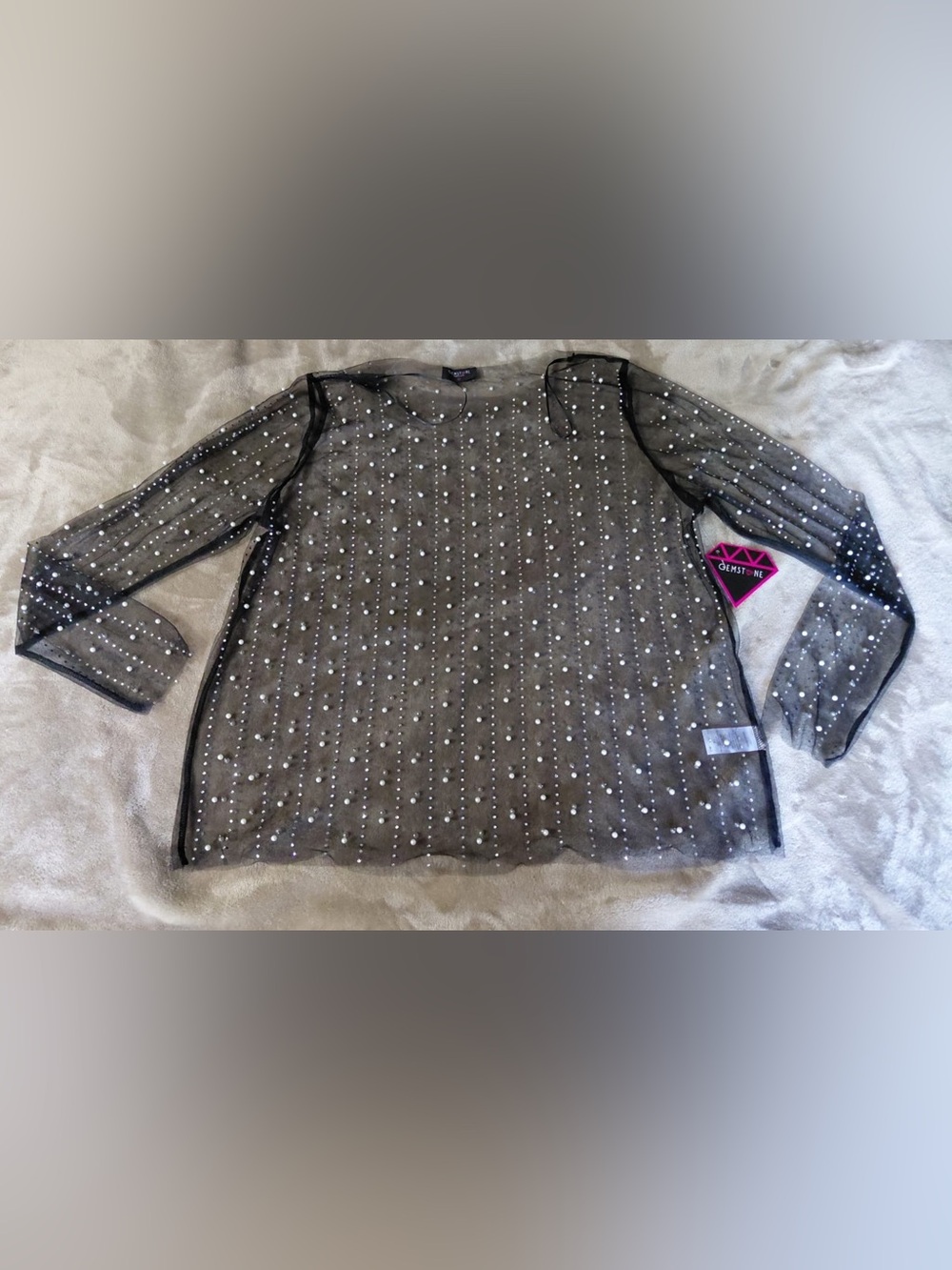 NWT Gemstone Sheer black Mesh Pearl & Rhinestone Long Sleeve Top